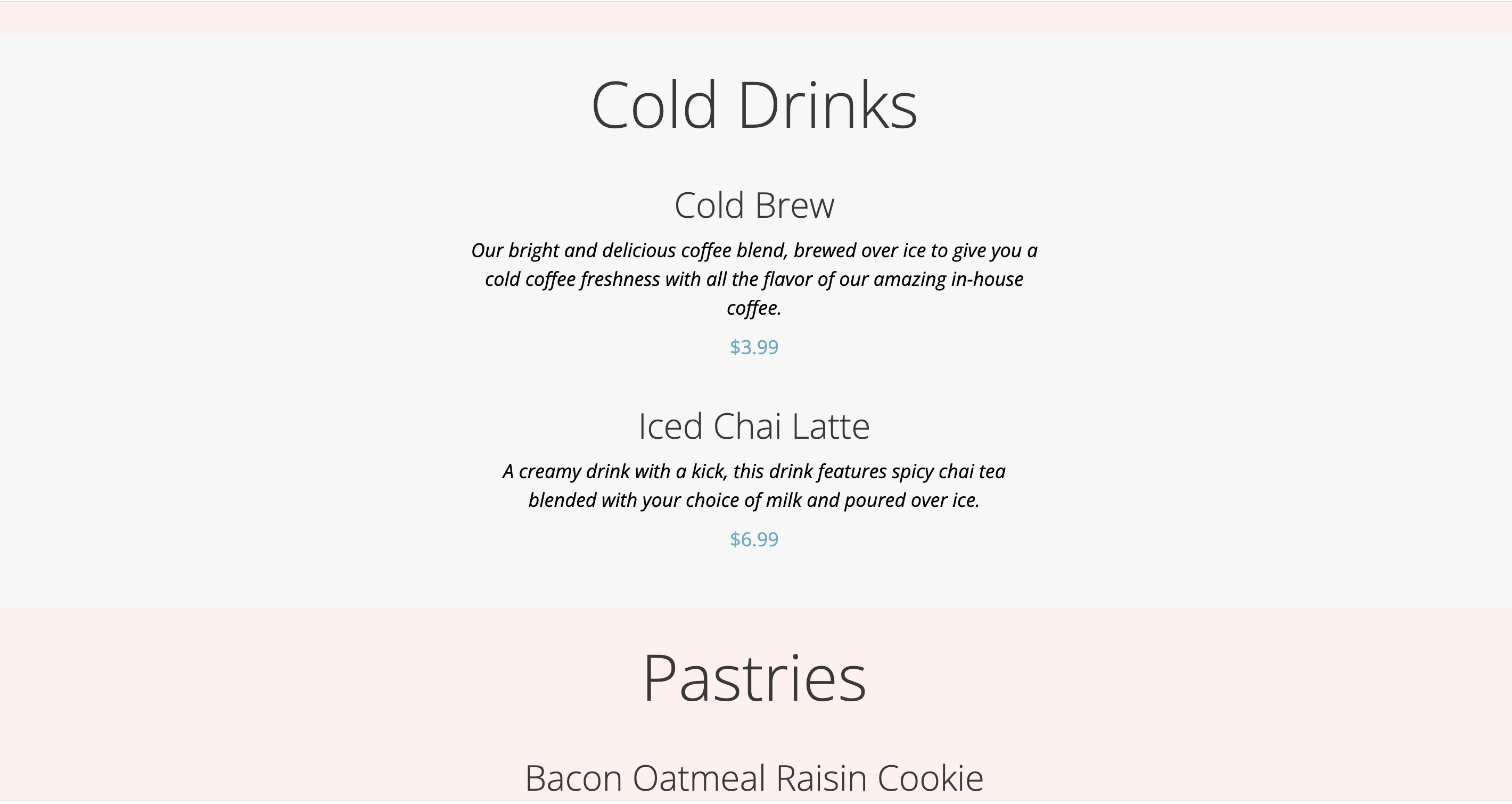Menu Page Cold drinks section